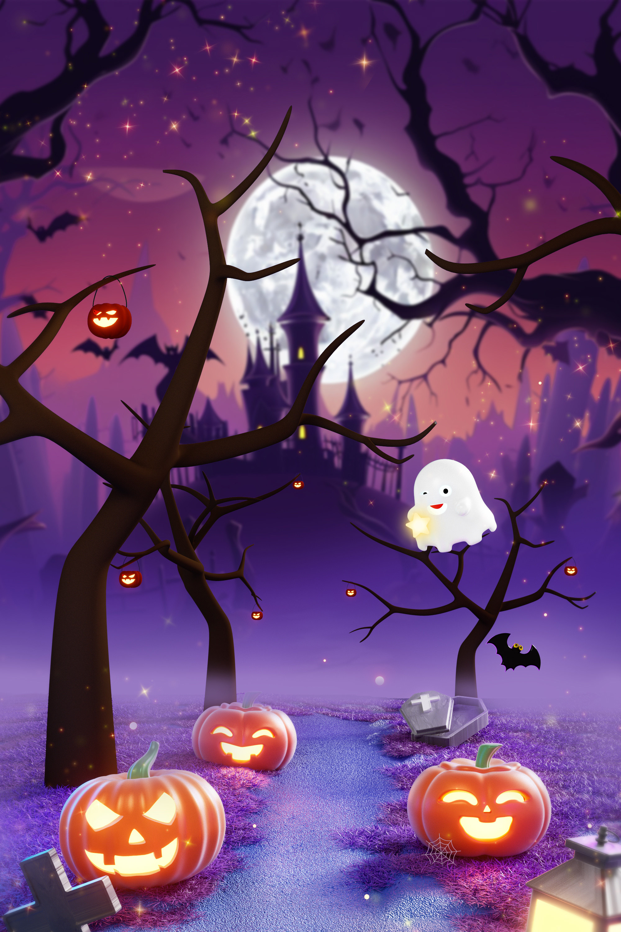 C4D万圣节南瓜灯可爱氛围海报背景OC渲染3D立体场景-cg男孩