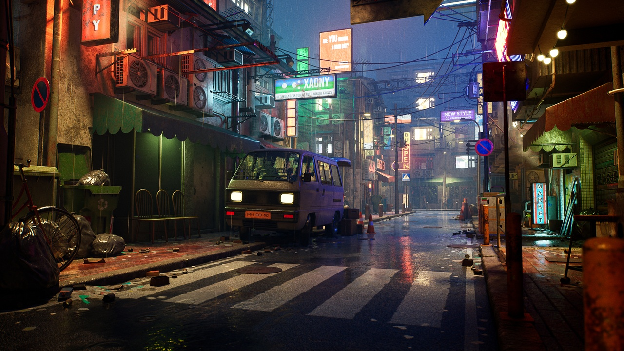 图片[7]-UE5雨天霓虹招牌赛博旧城市街道夜晚游戏场景 Rainy Neon Streets-cg男孩