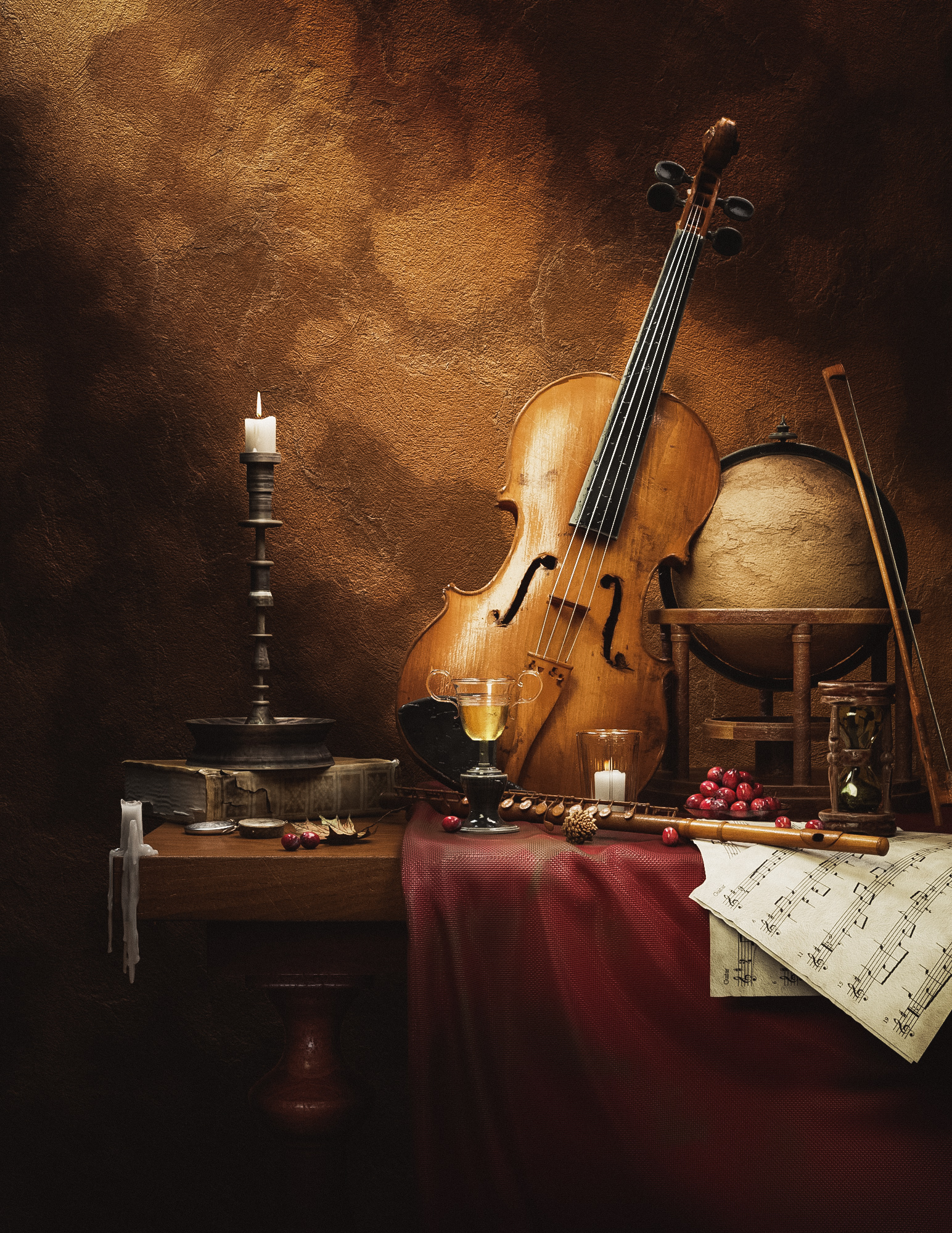 C4D写实古典场景大提琴笛子乐器3D模型OC渲染工程-cg男孩