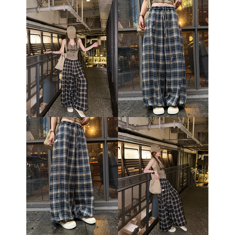 Sg/Yang Yishan Retro Style Elastic Contrast Plaid Casual Balloon Pants for Women Summer Wear