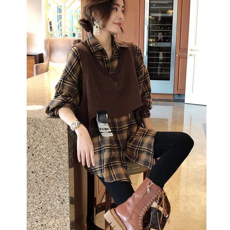 2020 early autumn new loose Machia shirts two sets of fashion retro plaid Eurogoods women's clothing