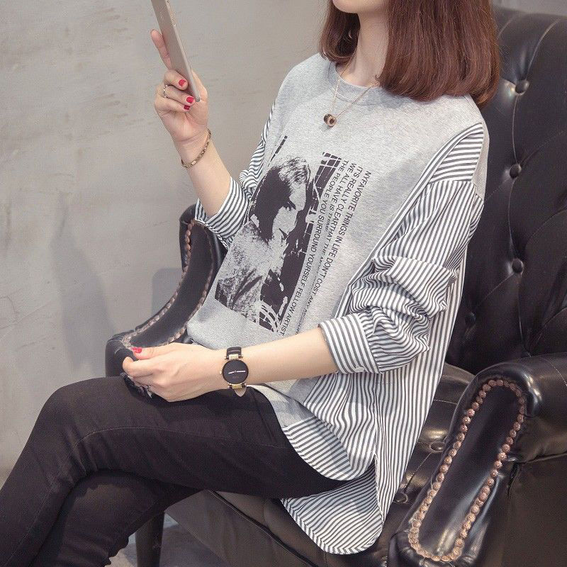 2020 Spring loaded new Korean version sleeve head casual blouse splicing vertical stripe shirt large size for loose cover for the bottom blouses