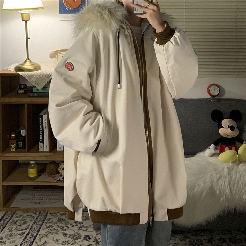 Hong Kong style cotton coat men's Korean version trend hooded big fur collar men's winter coat loose thickened cotton clothes men's and women's tops