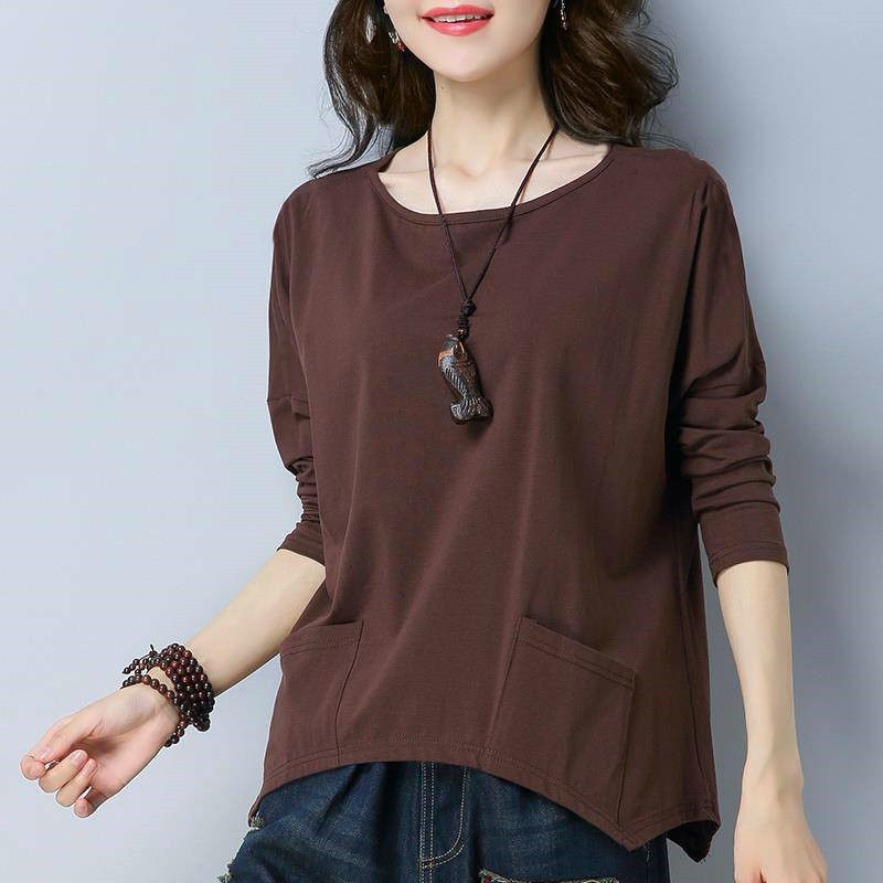 80-200 catty with cotton long sleeve T-shirt woman fall Korean version loose casual bat cuffs pocket blouses undershirt
