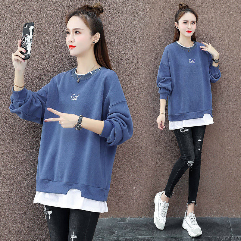 Lazy Wind Sweatshirt Woman Loose Thickened Garnter Coat 2020 Autumn Winter New Medium Long Version Fake two blouses