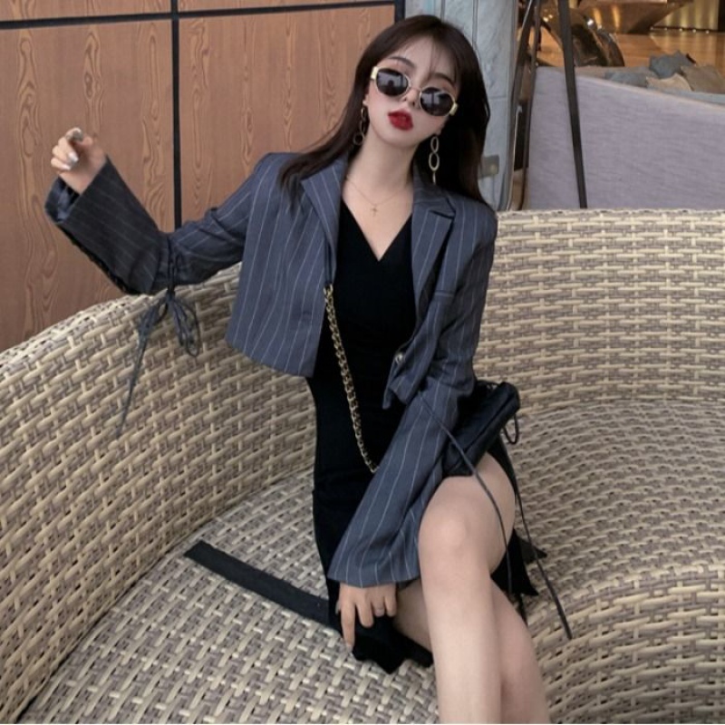 Port Taste Sexy Ladies Striped Short Suit Small Jacket Sashimi slim fit Irregular Ocean Dress Suit Woman
