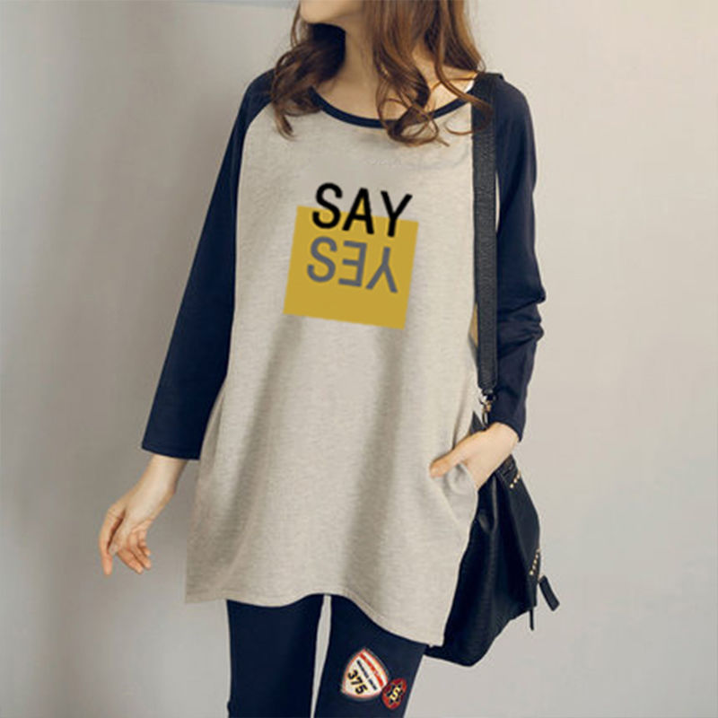 Pure cotton 2020 Korean version Autumn loaded with new loose large size for long version insert shoulder sleeve casual round collar long sleeve TT shirt woman