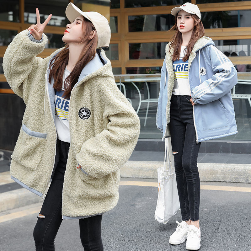 Double-sided lamb coat girls in winter new Korean Edition College wind cotton clothes student BF plus wool cotton clothes