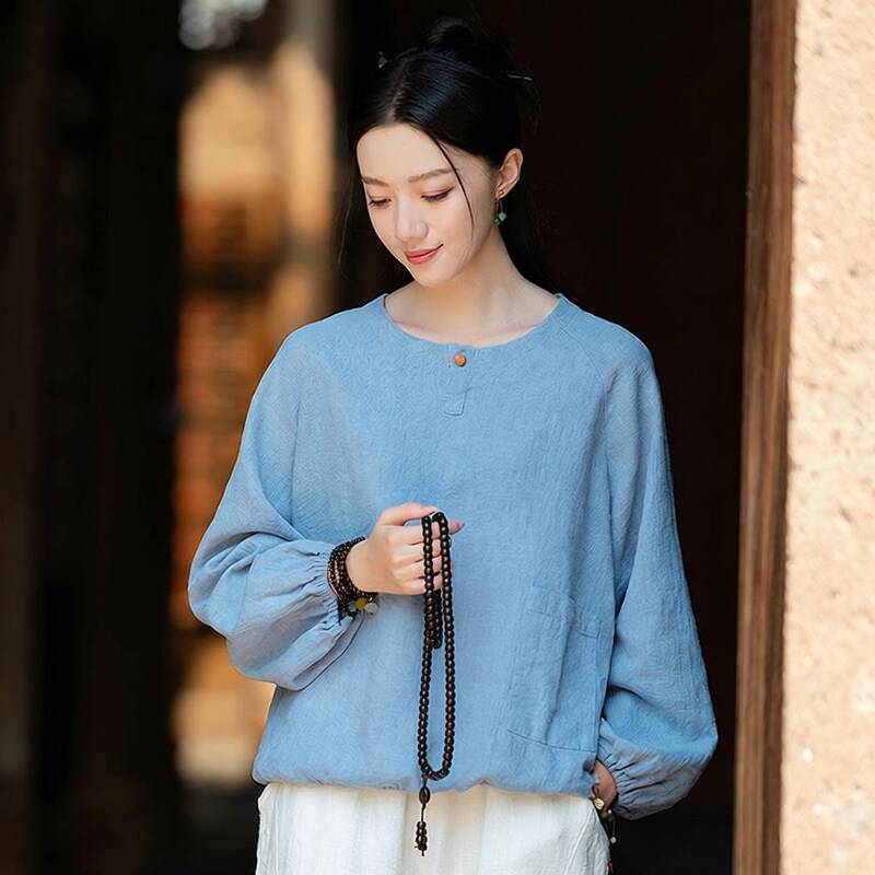 Zhuzhou Heshunsheng Clothing Round Neck Pullover Cotton Linen Button-Up Shirt Women's Long Sleeve Versatile T-Shirt Big Brand Zhuzhou Heshunsheng Clothing Round Neck Pullover Cotton Linen Button-Up Shirt Women's Long Sleeve Versatile T-Shirt Big Brand