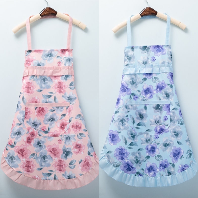 Han Edition Women's Fashion Kitchen Han Style Chopped Flowers Edge Apron Double Layer Anti Oil Waterproof Cute Home Little Fresh Field Garden