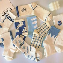 Socks ins womens middle tube tide blue Japanese Harajuku wind Korean student sports long tube couple socks autumn and winter