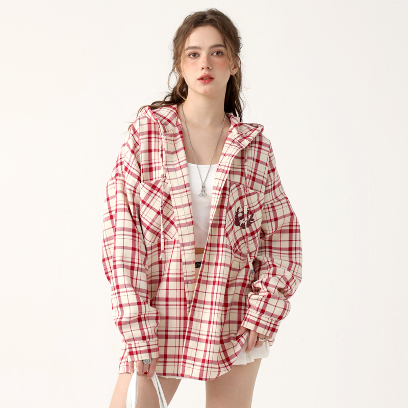 Btk Plaid Hooded Long-Sleeved Shirt for Men and Women, Spring & Fall, American Style, Loose Campus Style, ins Trendy Red Plaid Jacket