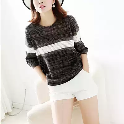 Sweater knitted color sleeve stripe coarse hair 19 line hollow new pullover head bump wind shirt loose lazy spring and autumn seven women
