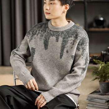 Tang shi gray ink sweater men's autumn and winter new round neck pullover knit sweater retro men's jacket trend