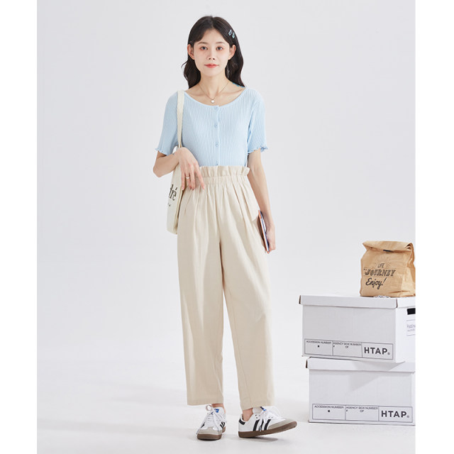 Tangshi Summer Harem Pants ກາງເກງຂອງແມ່ຍິງ Loose Pants ສີຂາວ slimming ສູງເກົ້າຈຸດ Pants ດອກ Bud ກາງເກງແອວສູງ