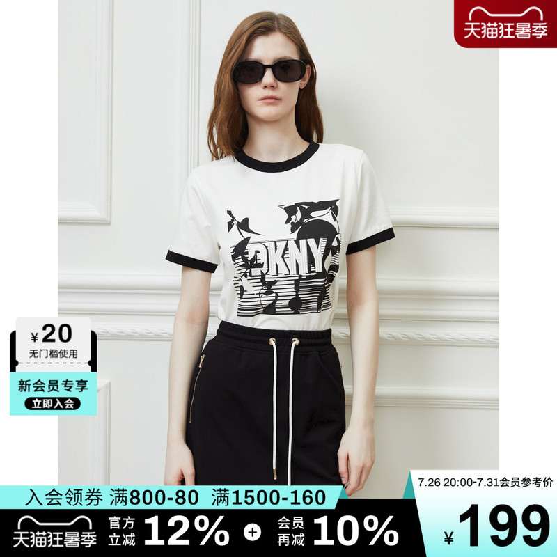 Dkny Tang Kenaer Summer Women's Classic Black and White Contrasting Color Cuffs Letter Embroidery Logo Printed Short-Sleeved T-Shirt