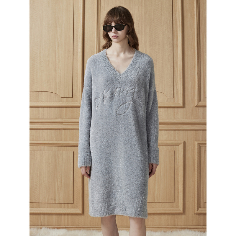 Dkny Donna Karan Autumn and Winter Women's Large V-Neck Drop-Shoulder Shiny Feather Yarn Embroidered Knit Dress Casual