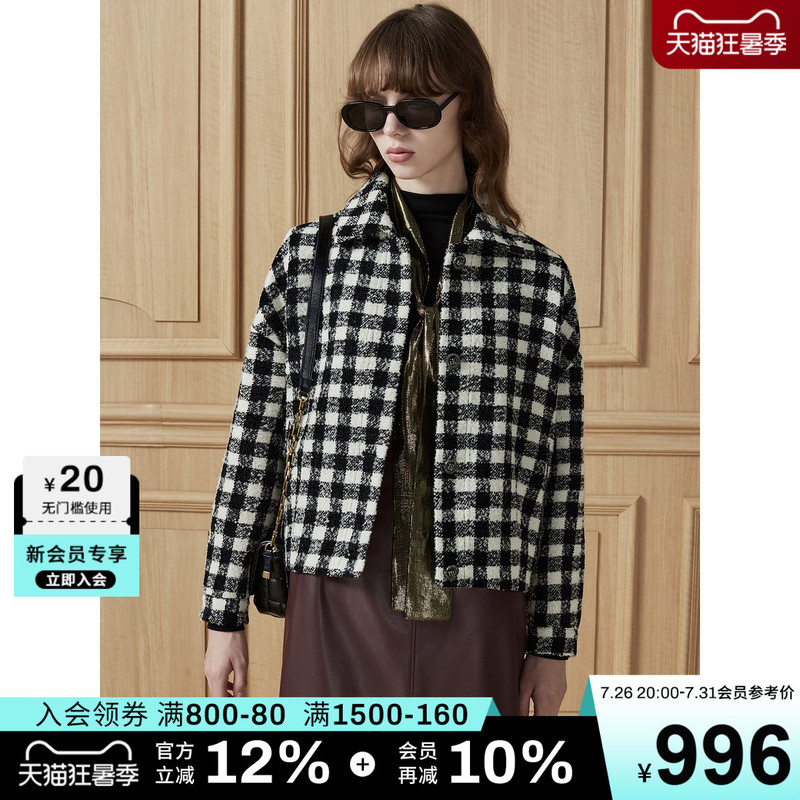 Dkny Donna Karan Autumn and Winter Women's Clothing High-End Wool Black and White Plaid Retro Style Jacket Coat