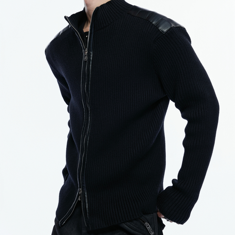 Argueculture Shoulder Patchwork Leather Striped Fine Ribbed Half-High Collar Double Zipper Knitted Sweater Cardigan Argueculture Shoulder Patchwork Leather Striped Fine Ribbed Half-High Collar Double Zipper Knitted Sweater Cardigan