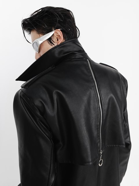 CulturE niche pu leather pad coat metal zipper double-layer splicing design windbreaker over-the-knee jacket top