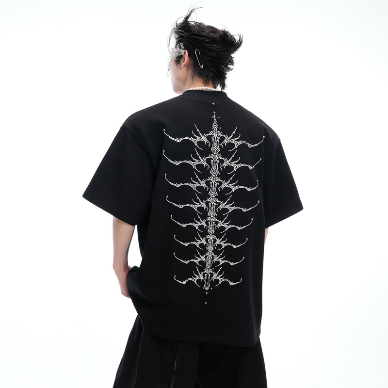 Argueculture Snake Eye Spine Heavy Rivet Spine Embroidery Short Sleeve Pure Cotton 320g Stiff Solid Color T-Shirt