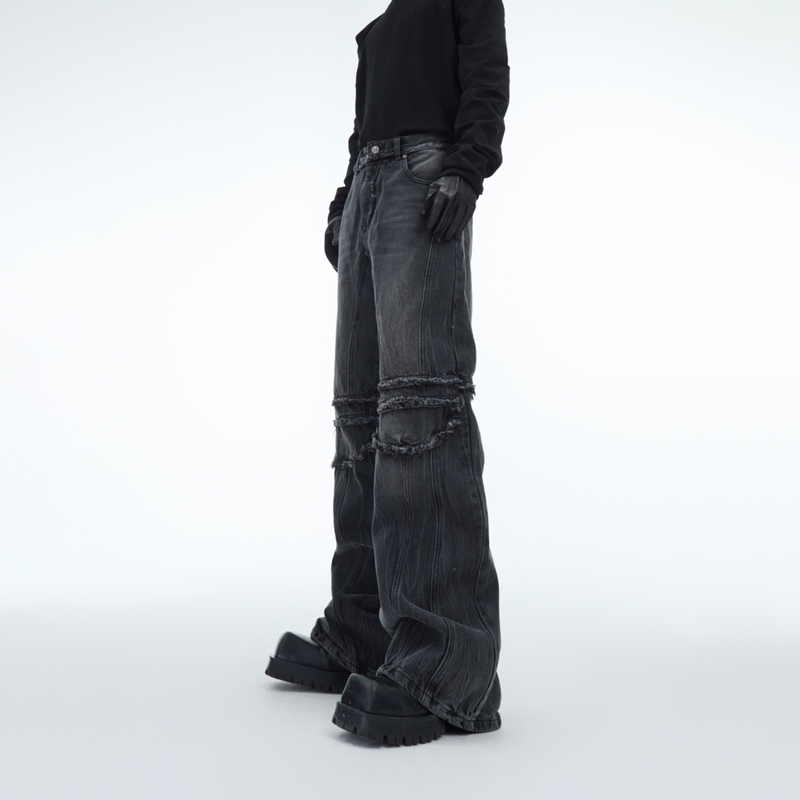 Argue Culture Wolf Gray Water Ripple Raw Edge Design Jeans Washed Vintage Straight Casual Pants