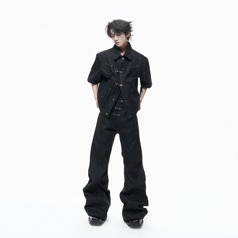 Argue Track* Niche Horseshoe Buckle Pleated Lapel Short-Sleeved Denim Jacket Raw Denim Flared Jeans Set Argue Track* Niche Horseshoe Buckle Pleated Lapel Short-Sleeved Denim Jacket Raw Denim Flared Jeans Set
