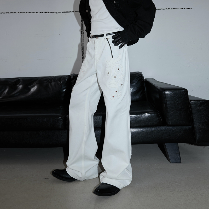 Argue Culture* Eternal Flower Embroidered White Denim Flared Soft Jeans with Carved Wash and Studded Long Pants