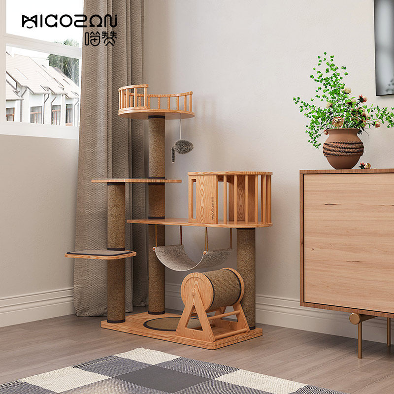 Meow praise waterwheel concept cat climbing frame luxury cat tree solid wood integrated small villa cat grab column wear-resistant cat toy