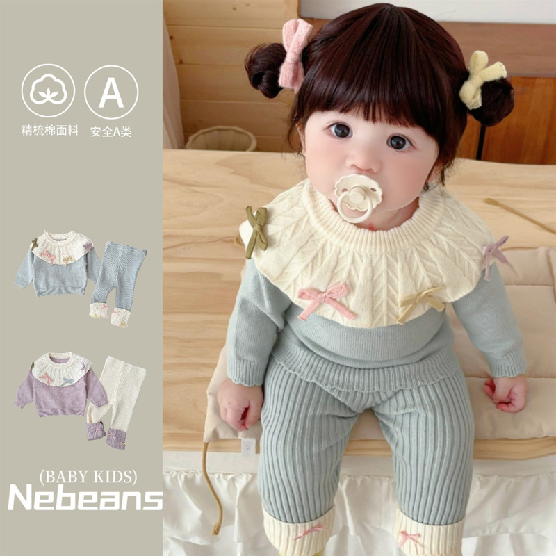 0-3 Years Old Autumn and Winter Knitted Sweater Two-Piece Set Korean Style Ruffle Collar Baby Girl Bow Doll Collar Sweater Set