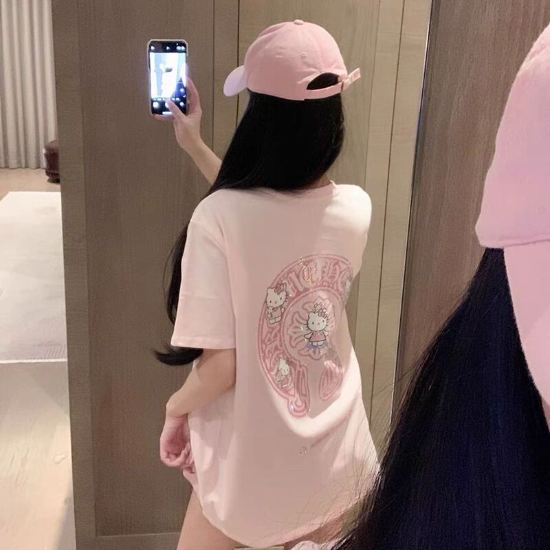 Pure Cotton New 2025 Summer Cute Kt Cat Print T-Shirt Loose Round Neck Casual Slim Versatile Top ins