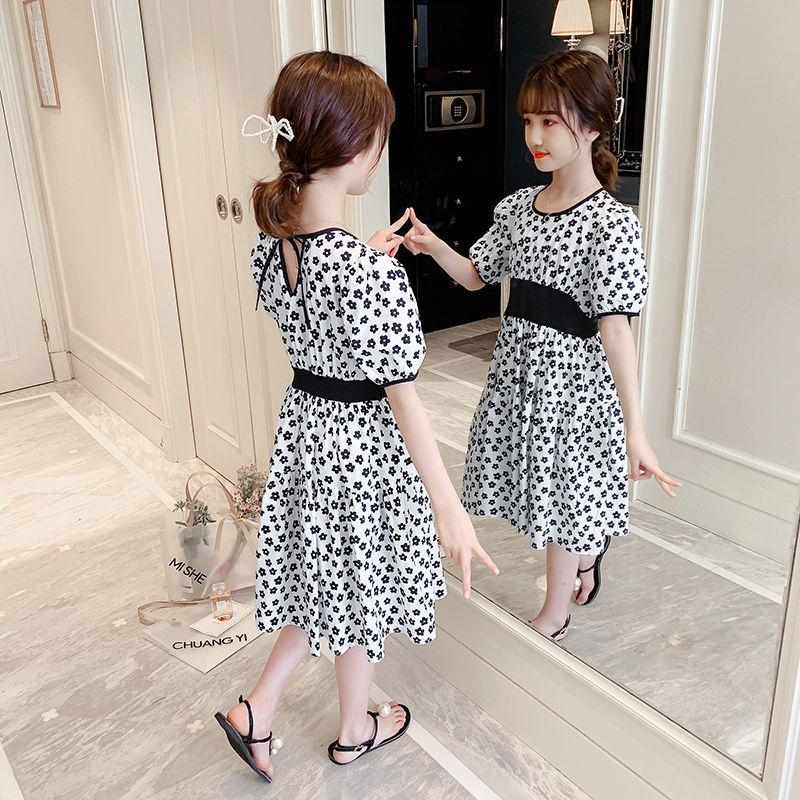 Girls Summer Short-sleeved Dress 2021 Large Children Waist slim Children Floral Summer Dress skirt Princess dress tide