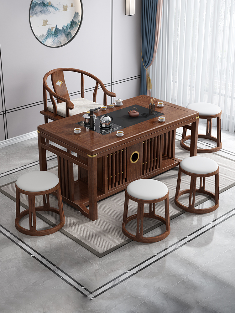 New Chinese style all solid wood coffee table table living room household walnut tea table light luxury modern office tea table and chair combination