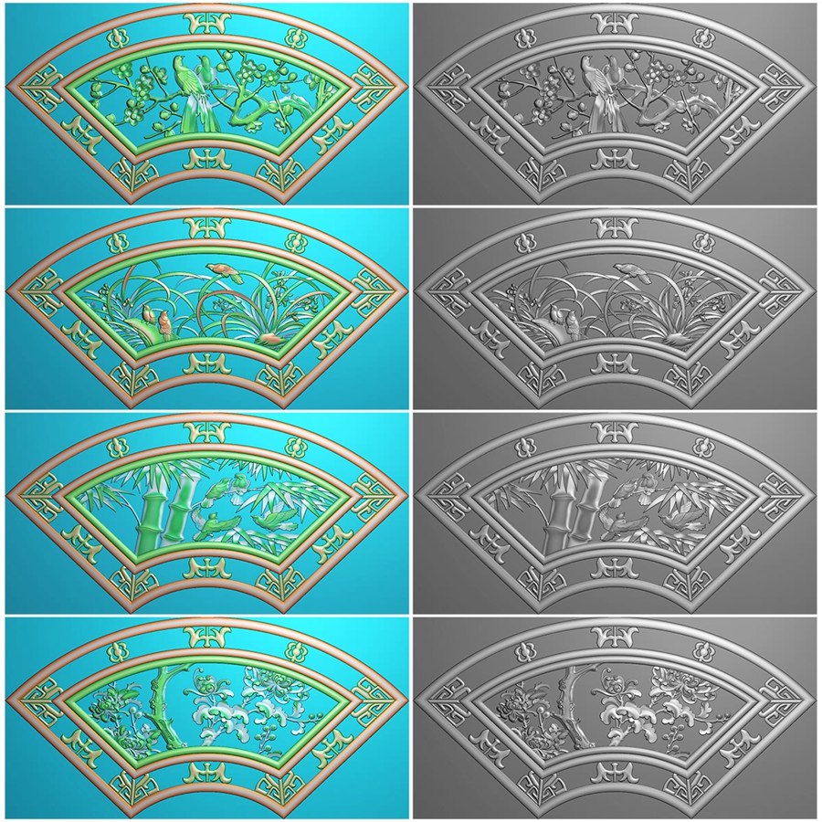 Meilan bamboo chrysanthemum grass hanging screen Fan-shaped Meilan bamboo chrysanthemum hanging plaque carved figure JDP gray scale figure BMP relief figure