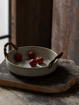 Pot ears anti-scalding handle retro Japanese hand-made rattan dishes tableware plate rough pottery vegetable fruit plate ceramics