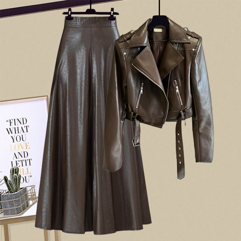 Early Autumn Outfit: a Complete Set of New Autumn High-End Motorcycle Jackets, Leather Coats, Women's Half-Length Leather Skirts, Two-Piece Set Early Autumn Outfit: a Complete Set of New Autumn High-End Motorcycle Jackets, Leather Coats, Women's Half-Length Leather Skirts, Two-Piece Set