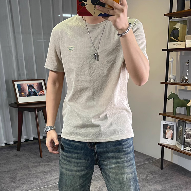 Ice Silk Cotton Linen Short-Sleeve T-Shirt for Men, Light Luxury Triangle Logo Tee, Round Neck Linen Youth Casual Linen Trendy Top