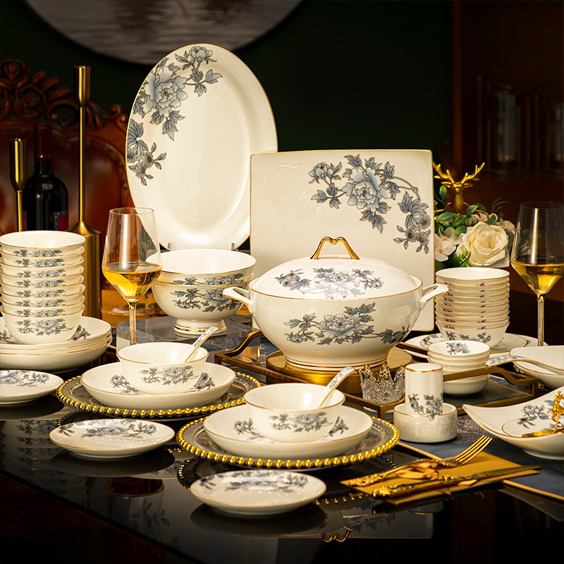 Dish set home light luxury bone china tableware 2023 Jingdezhen ceramic housewarming tableware bowl plate chopsticks combination plate