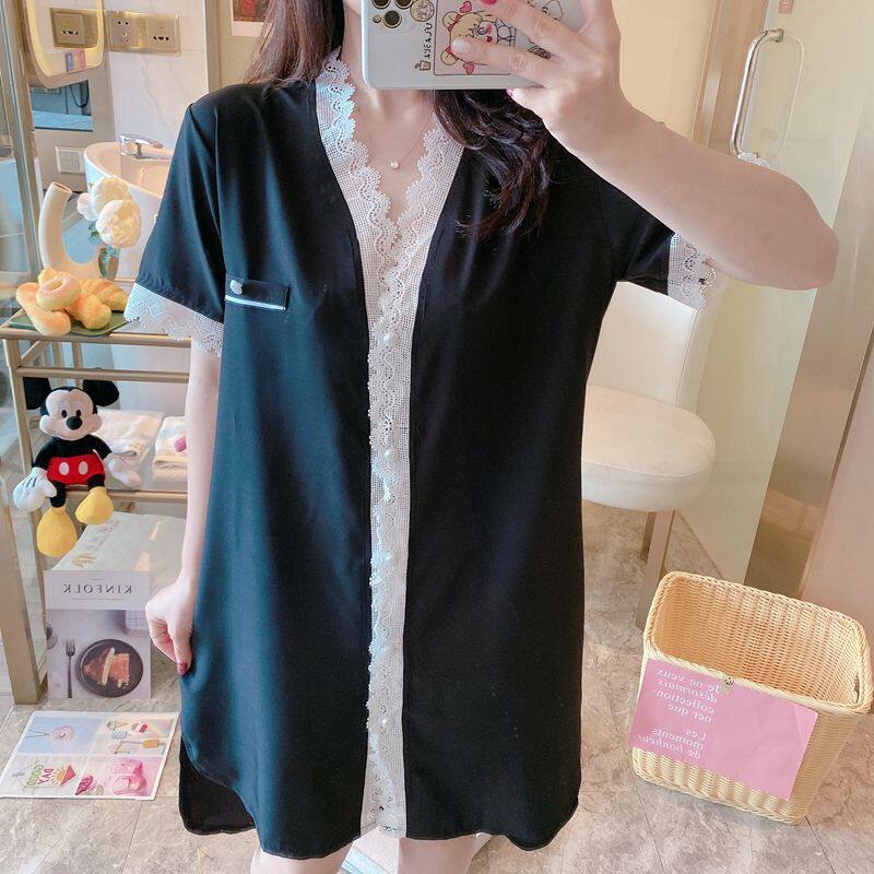 Korean version of pajamas women's summer thin silk nightdress short-sleeved mid-length sweet and cute student home service net red style