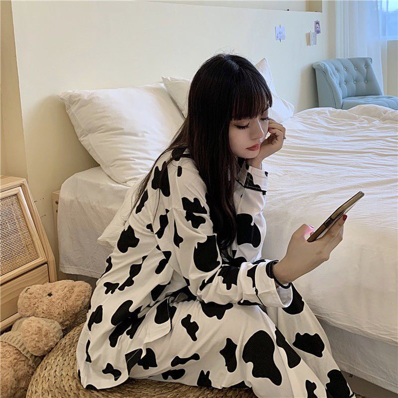South Korea ins sweet cow pajamas female spring and autumn cute net red long-sleeved cardigan home service suit outer wear