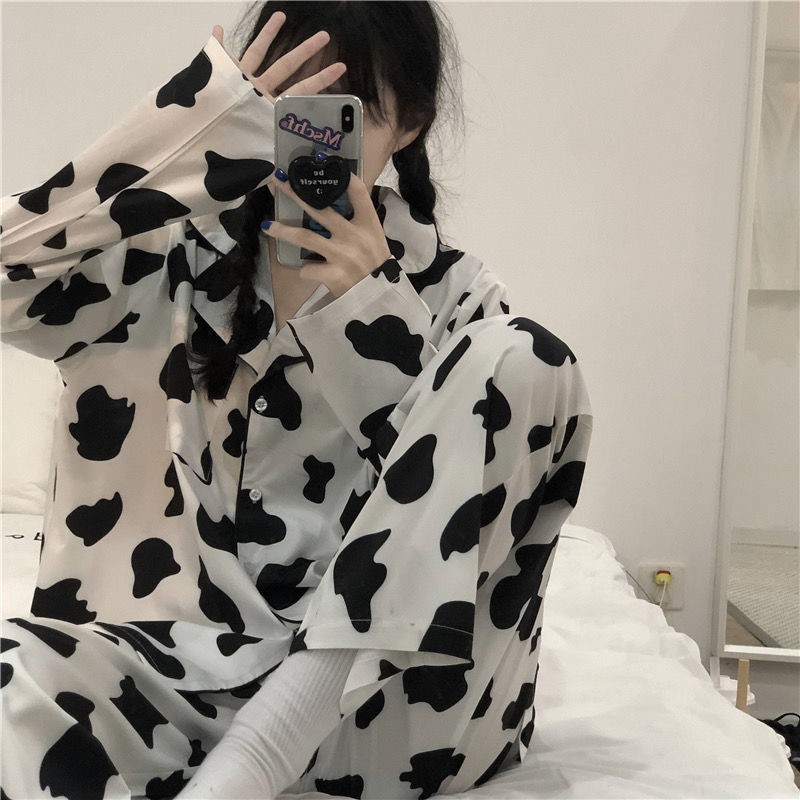 Korea ins pajamas female Japanese cows sweet simple Net red long sleeve cardigan casual girl home suit