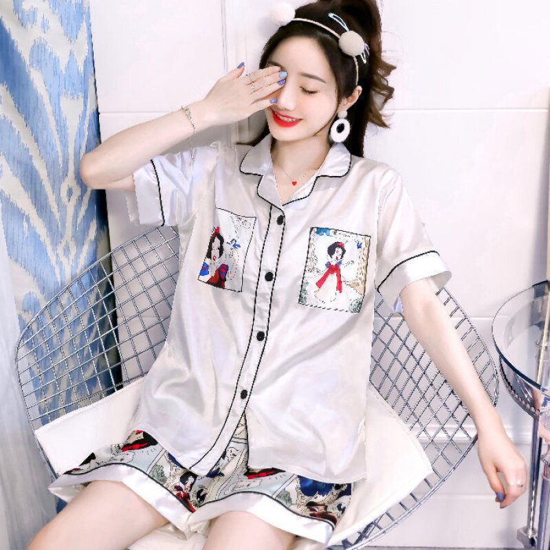 2021 New Sleepwear Women's Summer Ice Silk Short Sleeve Shorts Net Red Emulation Silk Cartoon Loose Large Size Student Suit