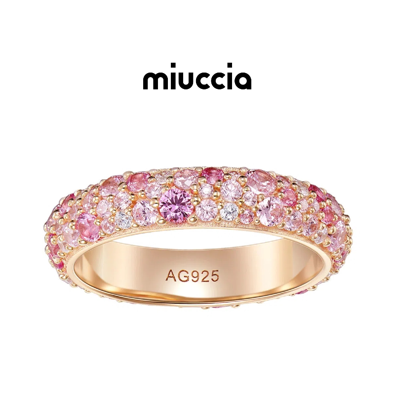 Pink Flower Sea·Gradient Pink 925 Silver Ring Full Diamond Row Ring Silver Plated 18K Gold Ring Pink Diamond Ring Women's Silver Jewelry