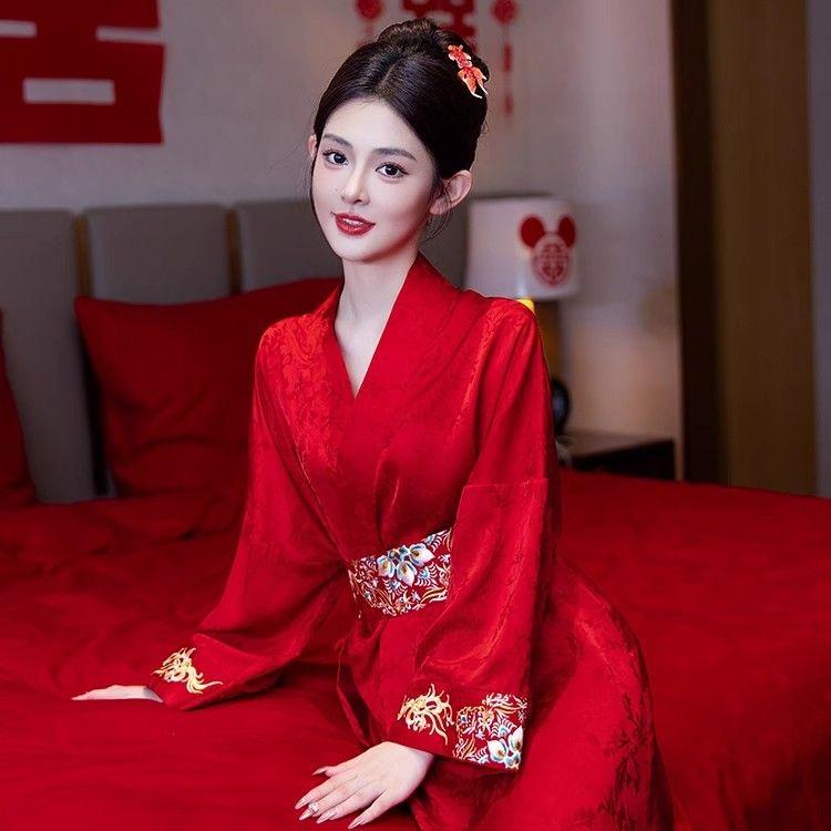 New Chinese-Style Morning Robe for Women, Wedding Bride, High-End Embroidered Pajamas, Zodiac Year Red Wedding Long Robe, Bathrobe