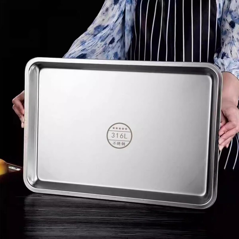 Extra Thick Stainless Steel Rectangular Tray Flat-Bottomed Square Plate Commercial Household Kitchen Baking Tray Steaming Rice Flat Plate Dinner Plate