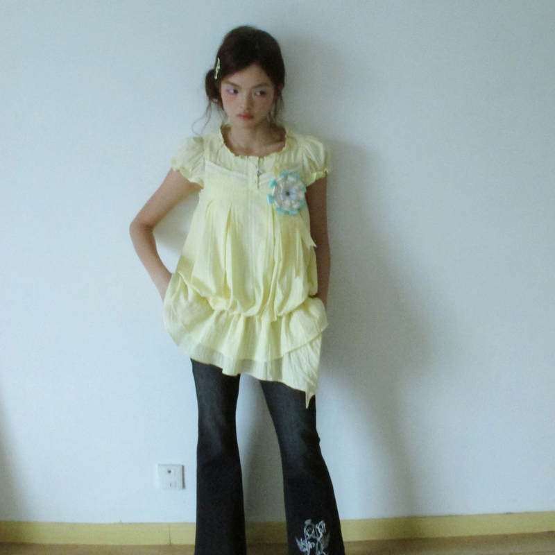 Little Cat Starrykitty Cute Ruffled Light Yellow Short-Sleeved Cake Skirt Versatile Top Little Cat Starrykitty Cute Ruffled Light Yellow Short-Sleeved Cake Skirt Versatile Top
