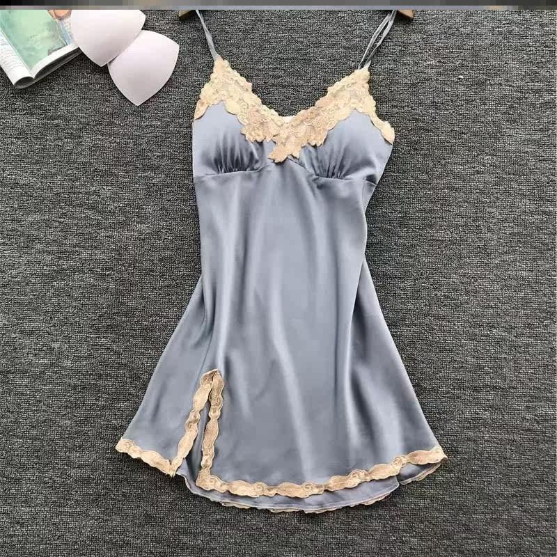 Sexy sleepwear woman with chest cushion for small breasts with ice silk summer harnesses High level sensation lace up and down two sets of sleeping robes 