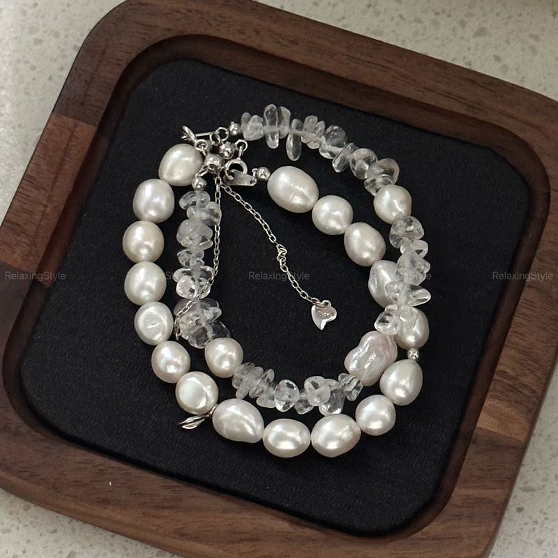Original Handmade S925 Sterling Silver Natural Stone Pearl White Crystal Gravel Bracelet Niche Design Stackable Bracelet