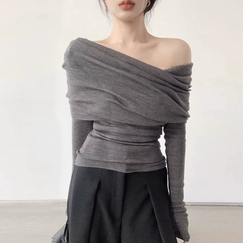 Свитер, сексуальная трикотажная утепленный лонгслив, открытые плечи, осенний