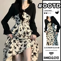 Осеннее платье, длинная юбка, комплект, изысканный стиль, французский стиль, цветочный принт, подходит для подростков